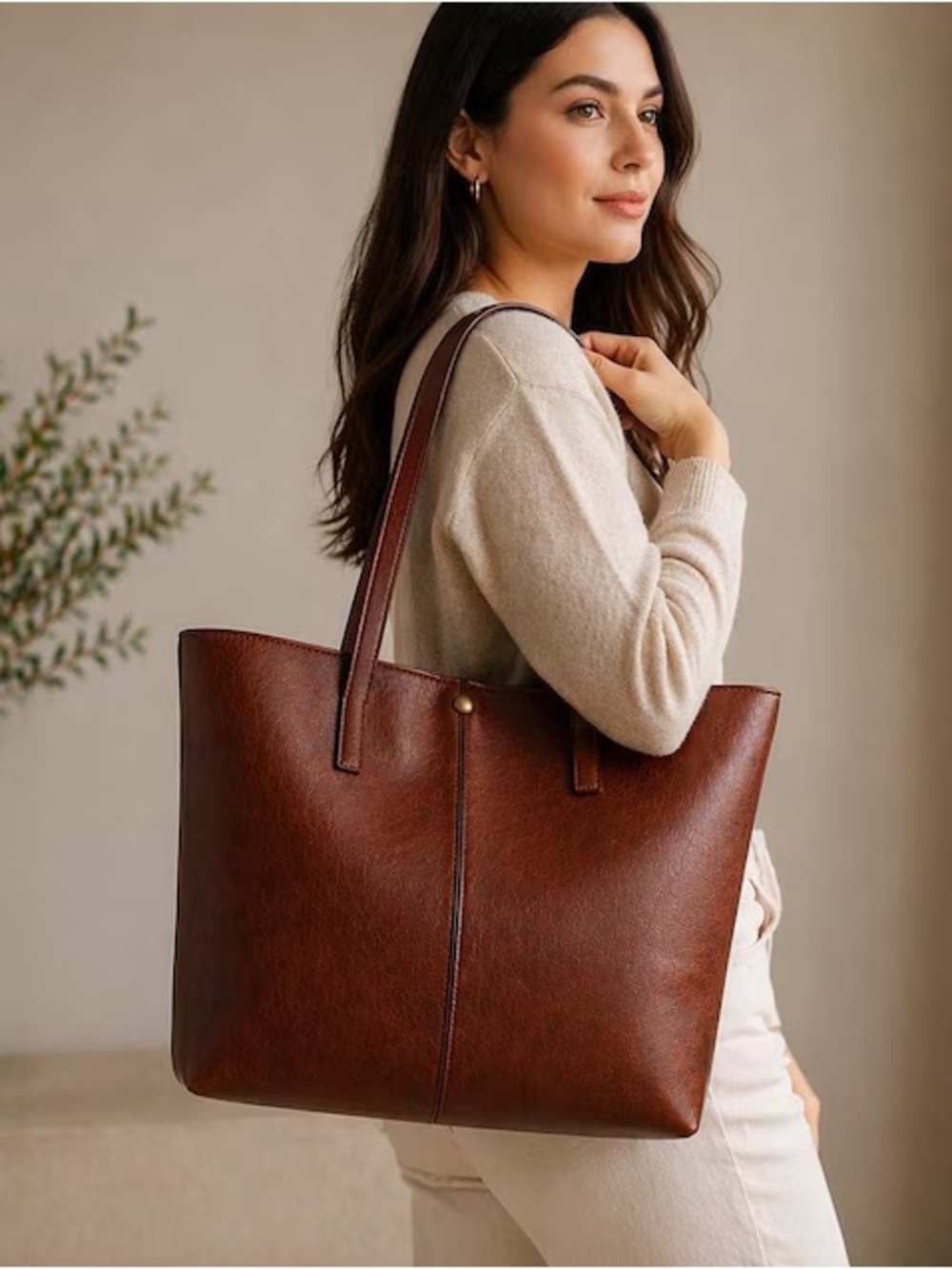 Everyday Brown Leather Tote with Double Straps - Picture 3 of 7